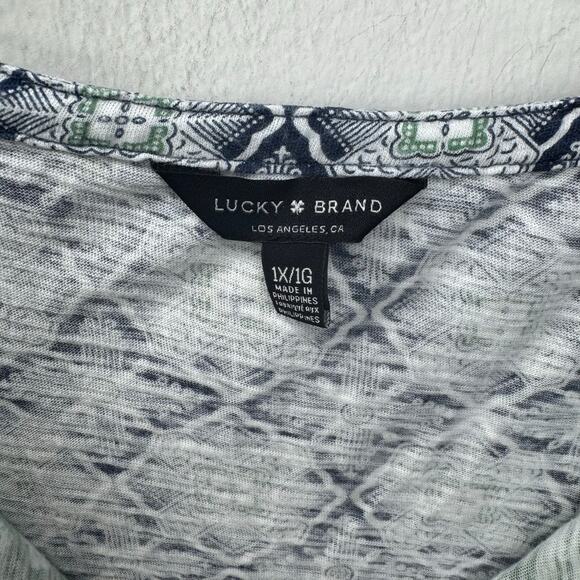 Lucky Brand Boho Top 1X Blue Green Mixed Print Split Neck Long Sleeve - Picture 3 of 8